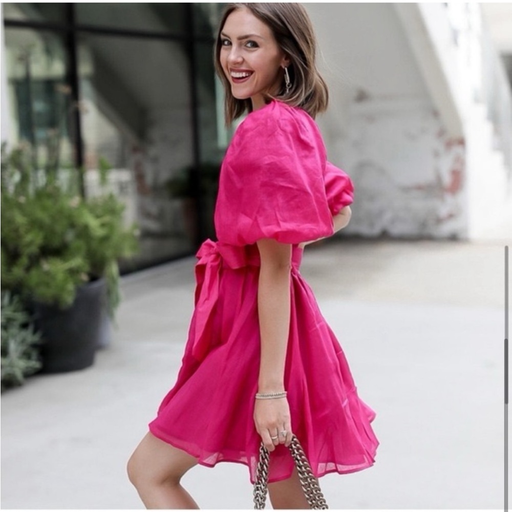Banana Republic Pink Puff Sleeve Open Back Mini Dress Ramie Size M NWT - Picture 10 of 15